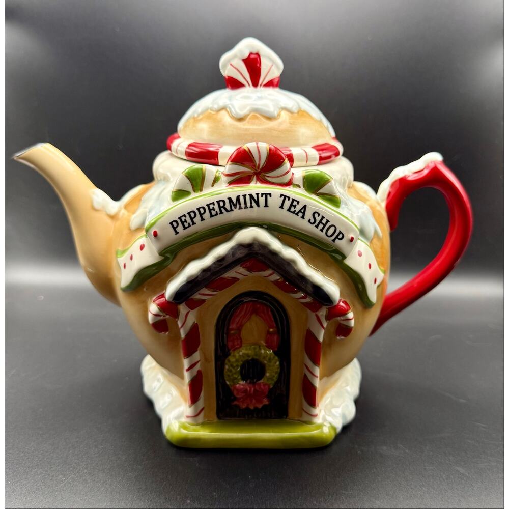 Laurie Furnell Peppermint Tea Shop Teapot Cosmos Gifts Christmas Decor Pristine